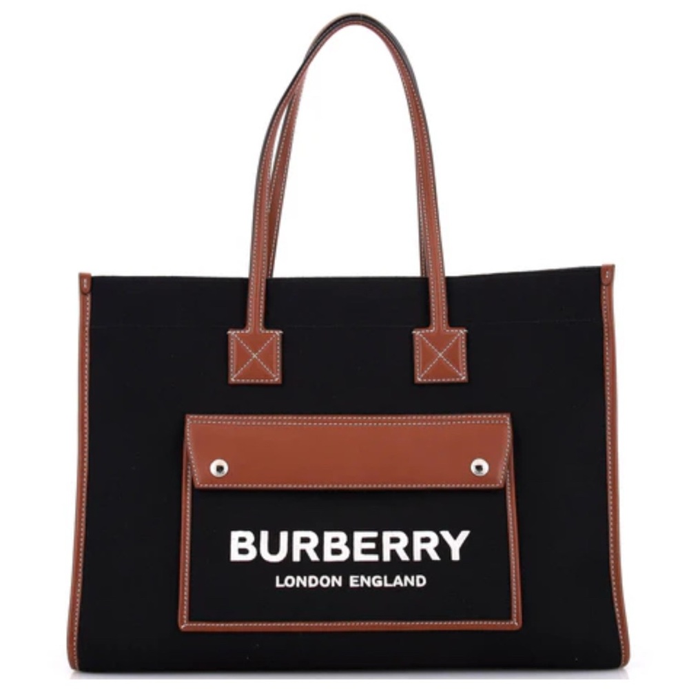 Authentic Burberry Freya Shopping Tote Canvas with Leather Medium